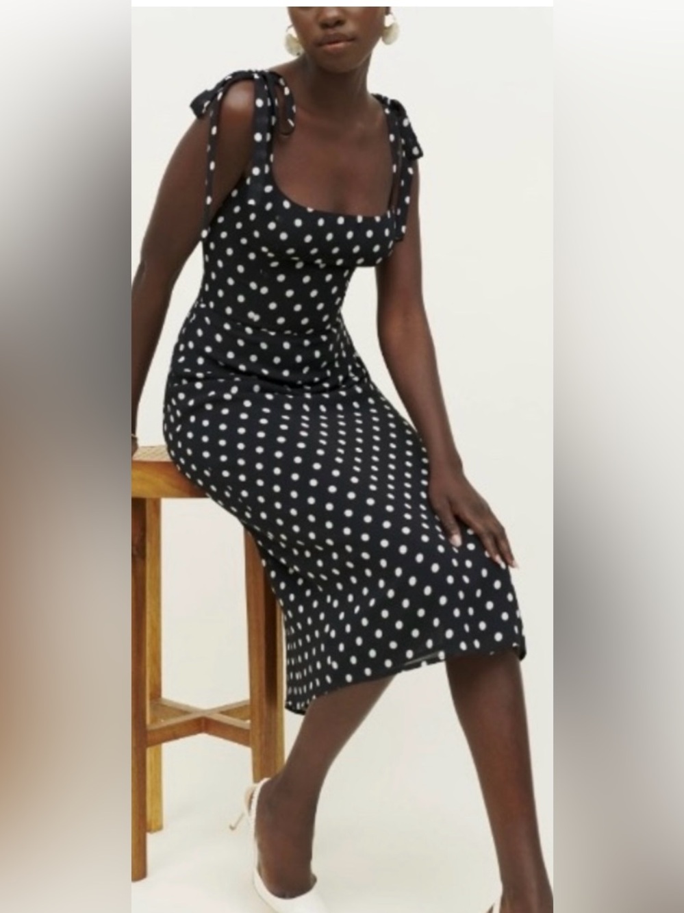 Reformation Besse Size 10 Midi Dress Black White Polka Dots Lined 100% Viscose - Picture 2 of 7